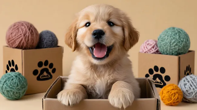 Entzückender Welpe mit Wolle in Kiste