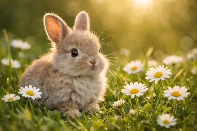 Entzückender Wollhasenhaustier in blühender Frühlingswiese
