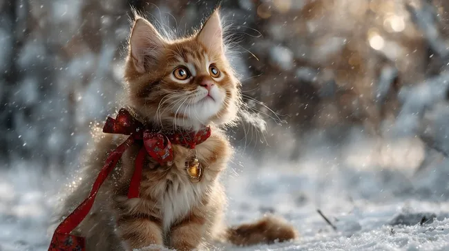 Entzückendes Kätzchen im Schnee mit festlicher Schleife