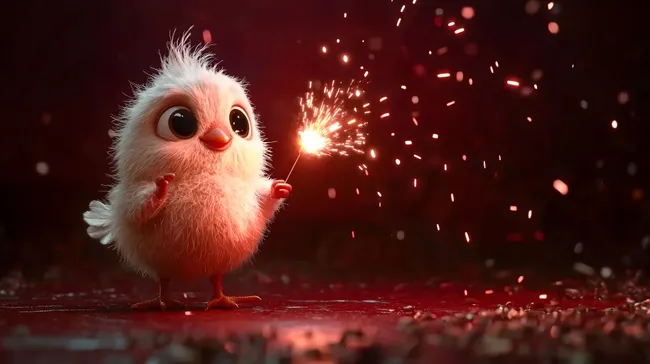 Entzückendes Küken mit Wunderkerze an Silvester