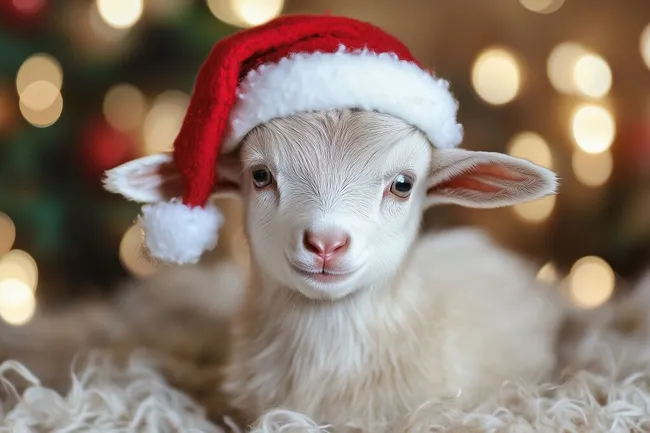 Entzückendes Zicklein mit Weihnachtsmütze