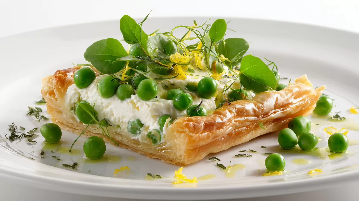 Erbsen Tarte mit Ricotta auf weißem Teller