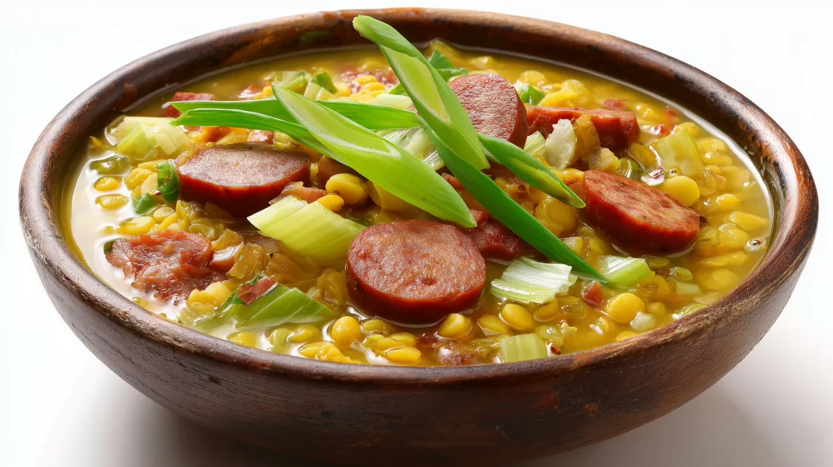 Erbseneintopf nach Bundeswehrrezept mit Wurst und Lauch