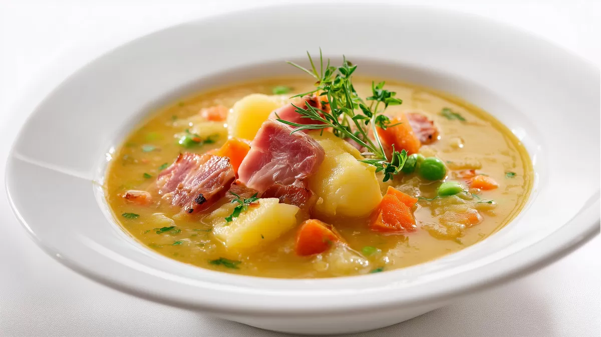Erbsensuppe mit Kochschinken, Kartoffeln und Karotten