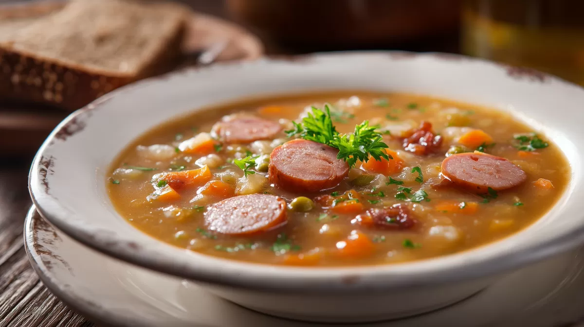 Erbsensuppe mit Würstchen in rustikalem Teller