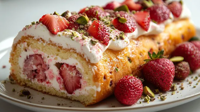 Erdbeer-Biskuitrolle mit Pistazien dekoriert