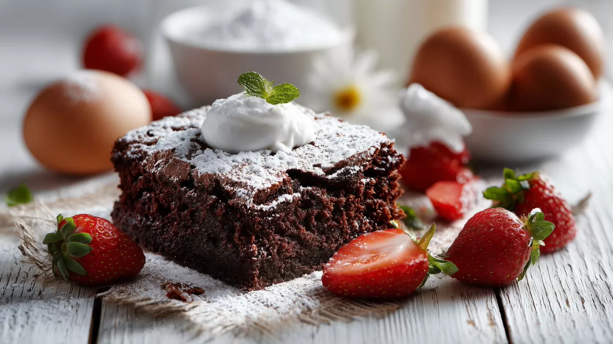 Erdbeer Brownie mit Quarkhaube auf Holztisch