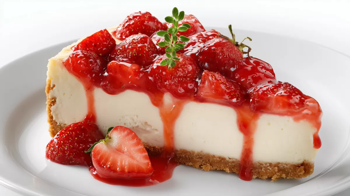 Erdbeer Cheesecake Stück mit roter Erdbeersauce