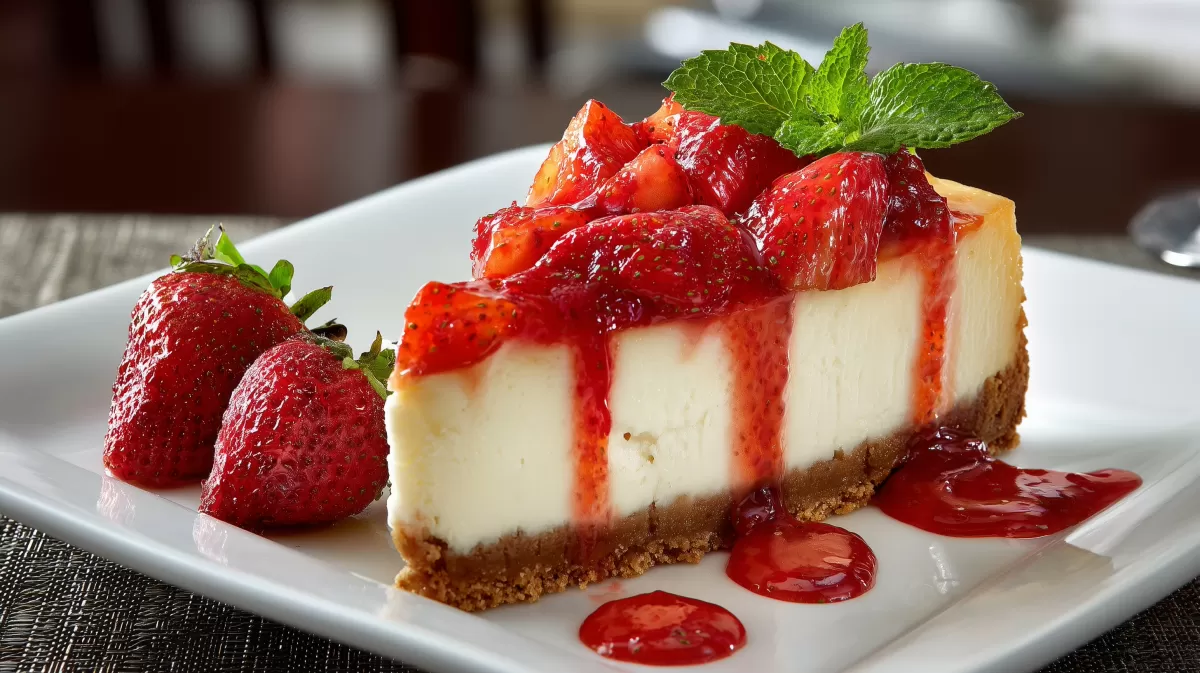 Erdbeer Cheesecake Stück mit Soße und Minze