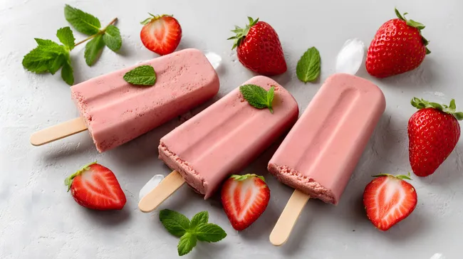 Erdbeer-Eis am Stiel mit Minze und Früchten