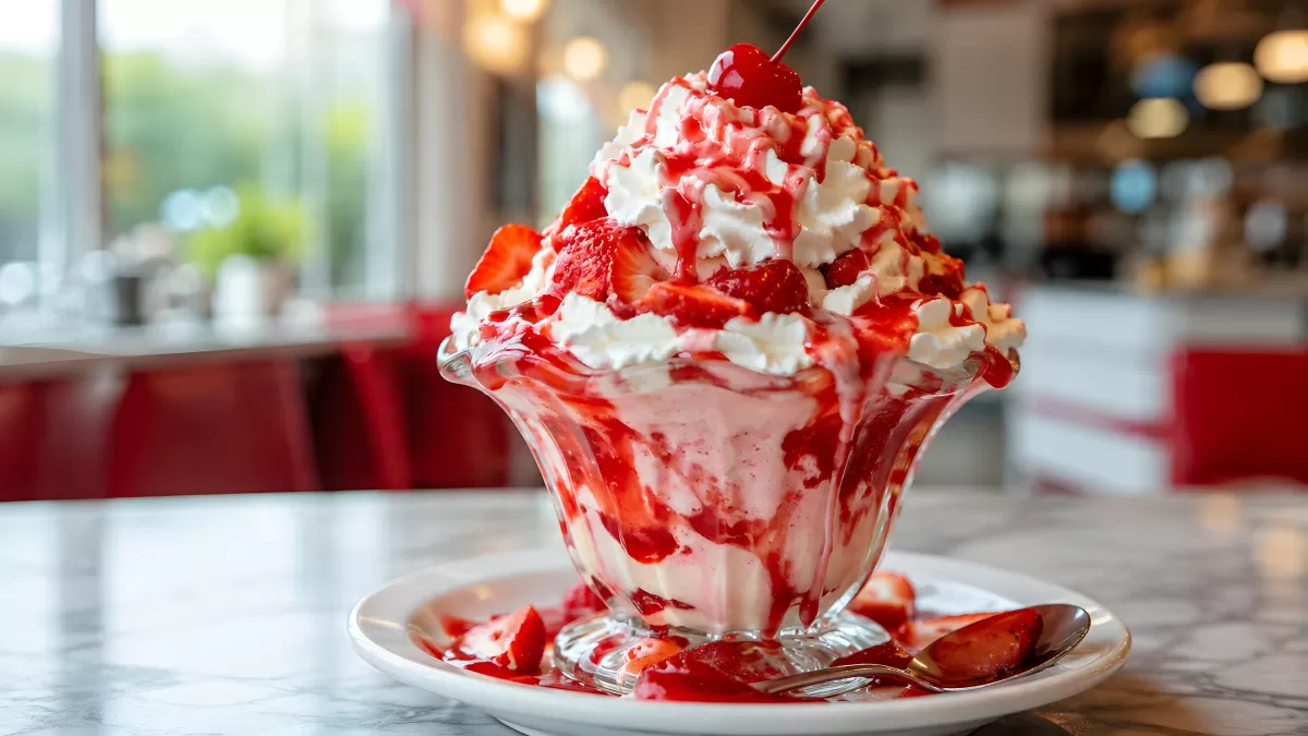 Erdbeer-Eisbecher mit Sahne und Kirsche im Diner