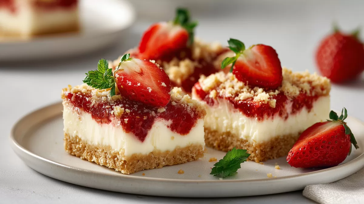 Erdbeer Käsekuchen Schnitten auf elegantem Teller