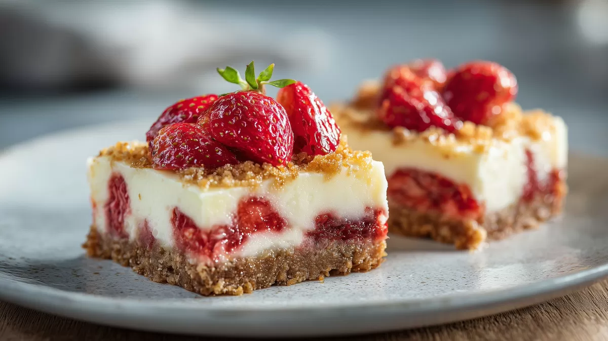 Erdbeer Käsekuchen Schnitten mit Keksboden auf Teller