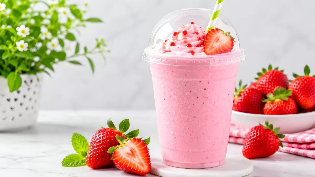 Erdbeer-Milchshake im Becher mit Sahnehaube