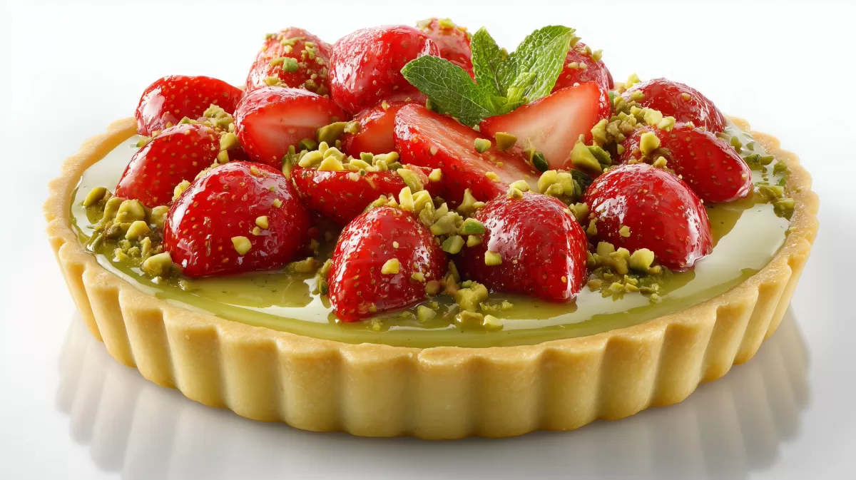 Erdbeer Pistazien Tarte mit Minze und Creme