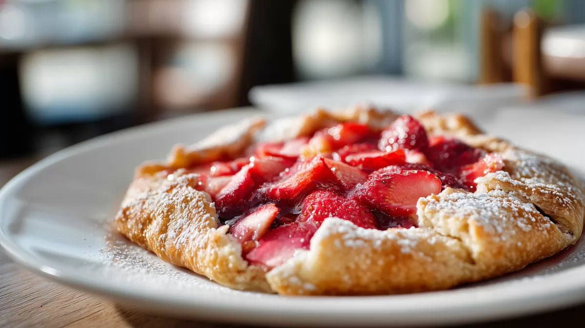 Erdbeer Rhabarber Galette food auf weißem Teller