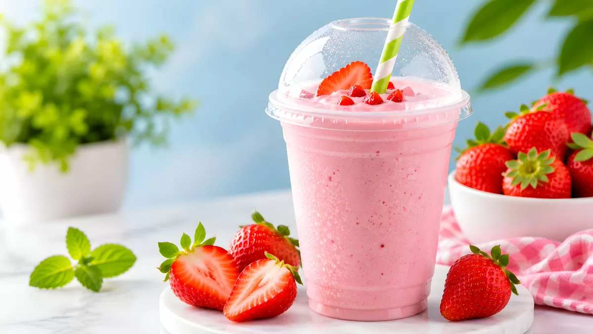 Erdbeer-Smoothie im Plastikbecher mit frischen Früchten