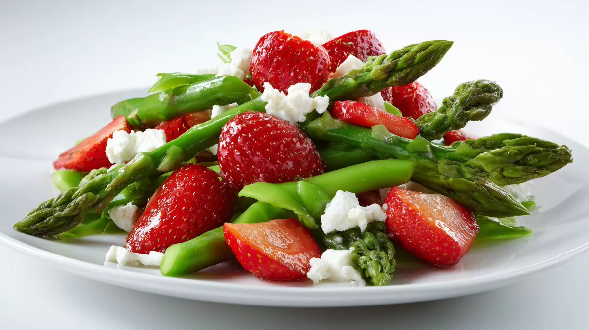 Erdbeer Spargel Salat mit Feta auf weißem Teller