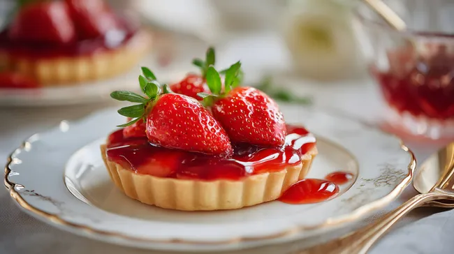 Erdbeer-Törtchen mit glänzendem Gelee auf edlem Porzellan