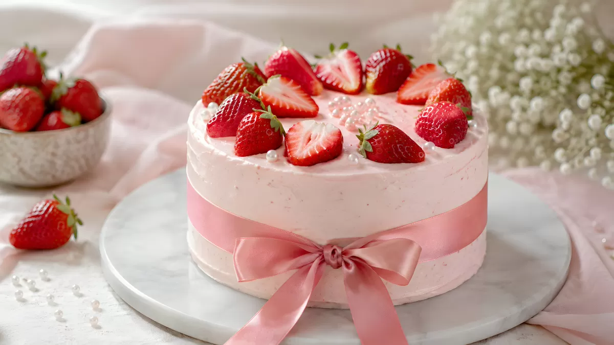 Erdbeer-Torte mit rosa Frosting und Schleife