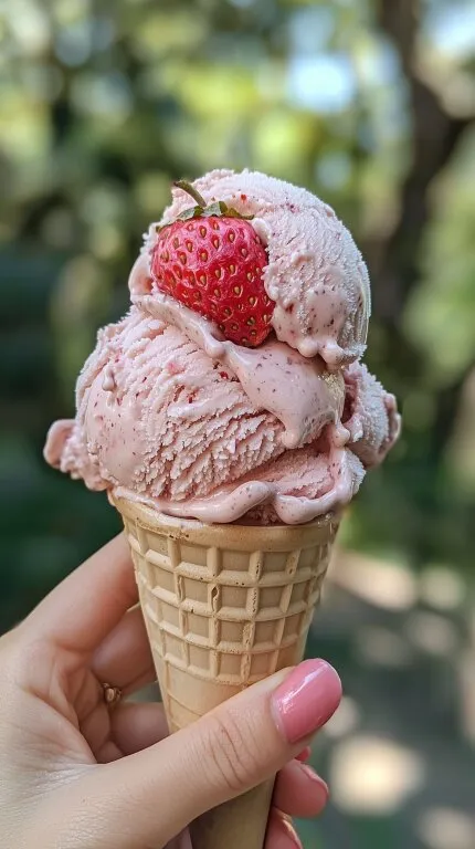 Erdbeer-Vanille-Eis in knusprigem Waffelkegel