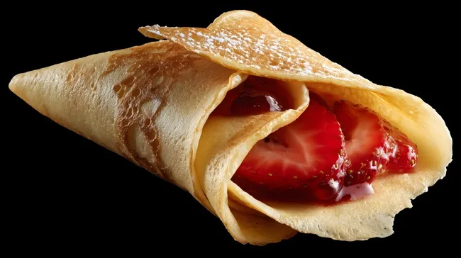 Erdbeercrepe mit Sirup auf schwarzem Hintergrund