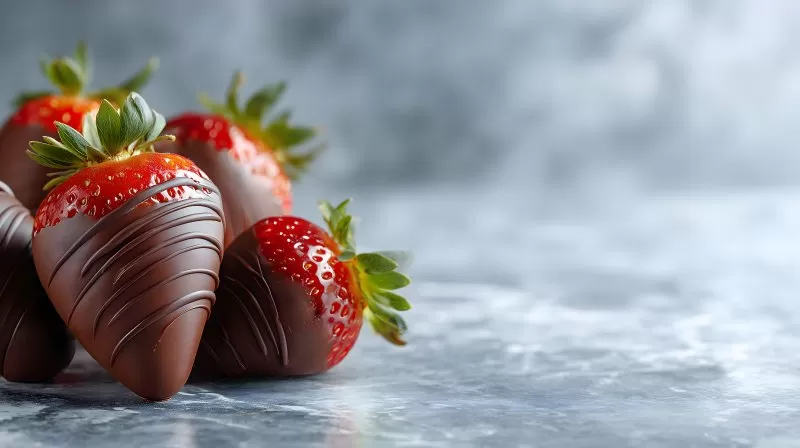 Erdbeeren mit Schokolade und Streifen auf Marmortisch