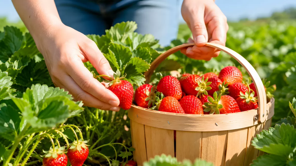 Erdbeeren pflücken auf dem Feld – Holzkorb voller Früchte