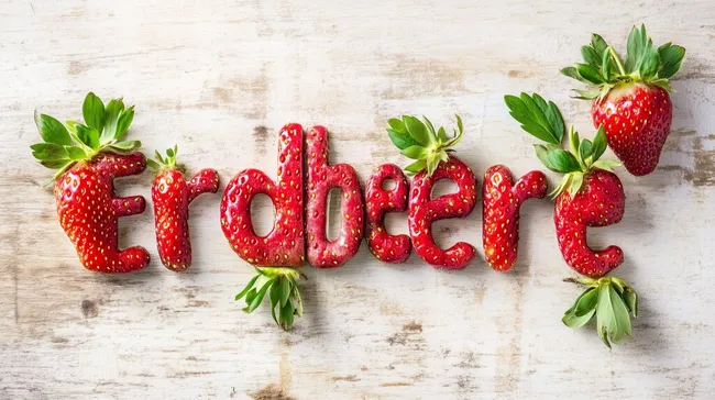 Erdbeeren-Schriftzug auf rustikalem Holzhintergrund