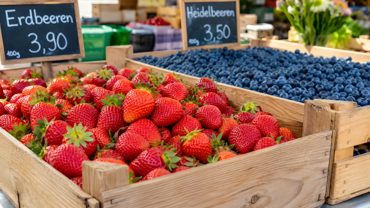 Erdbeeren und Heidelbeeren auf dem Wochenmarkt
