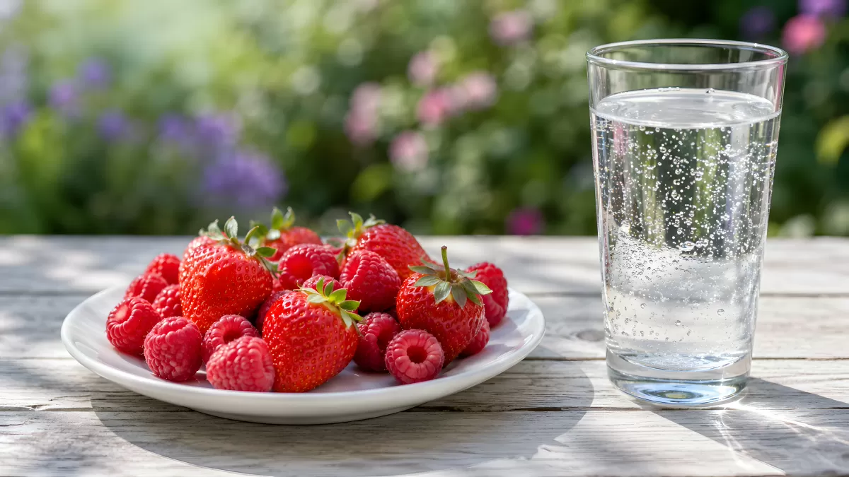 Erdbeeren und Himbeeren auf Teller mit Sprudelwasser