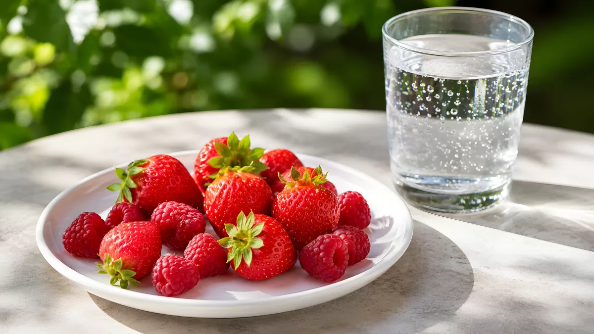 Erdbeeren und Himbeeren auf Teller mit Wasserglas