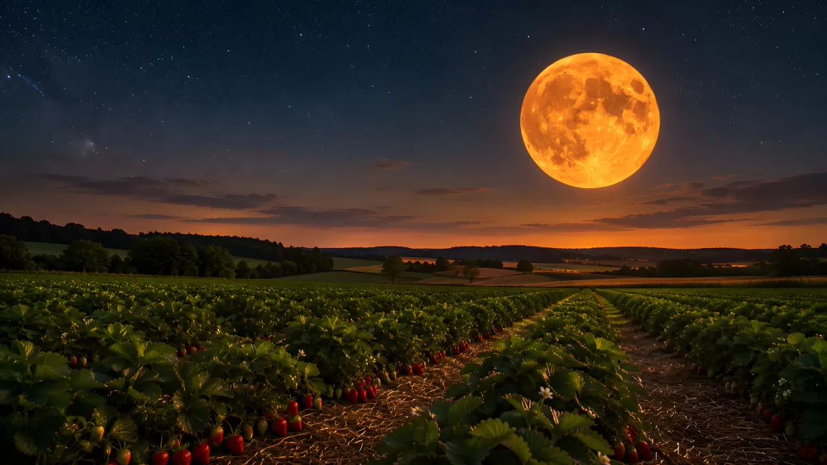 Erdbeerfeld bei Vollmond in der Sommernacht
