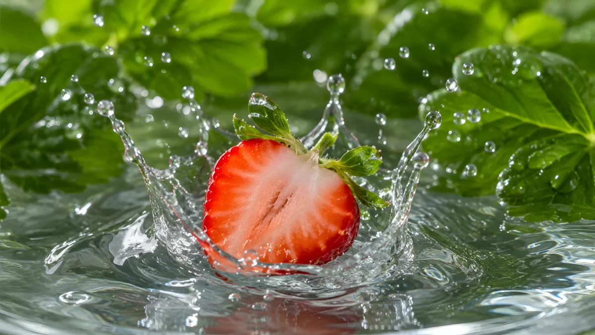 Erdbeerhälfte platscht ins Wasser vor grünen Blättern