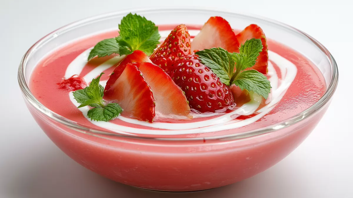 Erdbeerkaltschale mit Minze in Glasschüssel