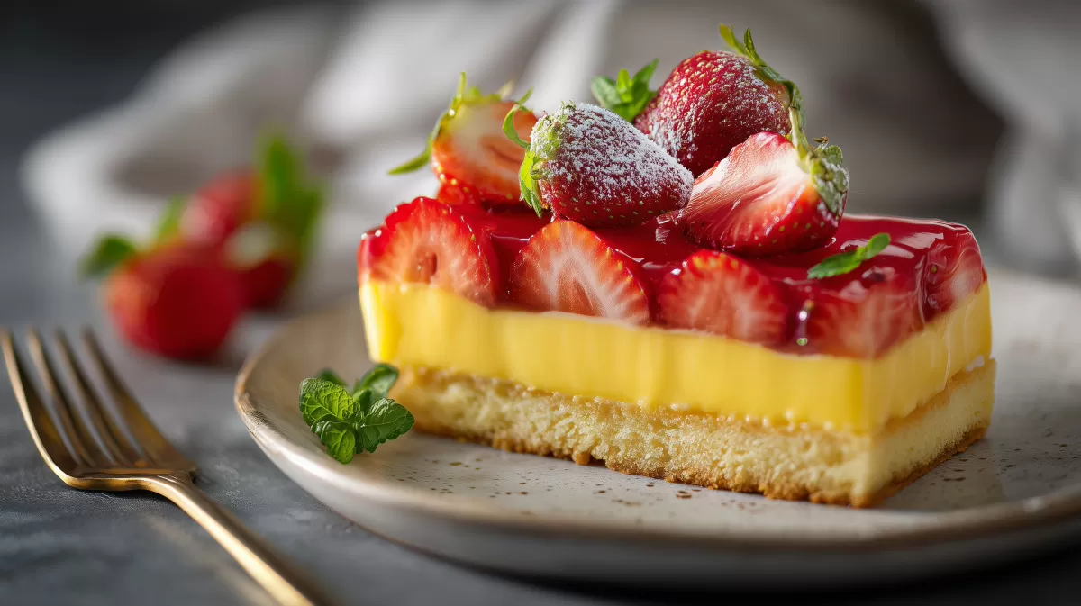Erdbeerkuchen mit Vanillepudding auf elegantem Teller