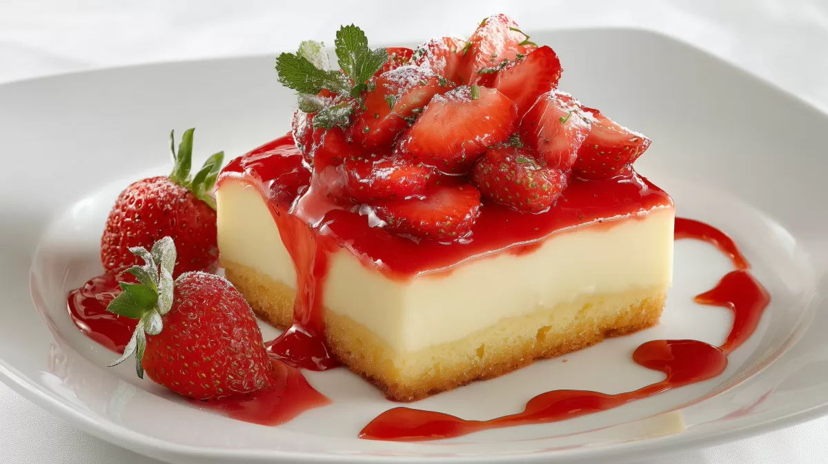 Erdbeerkuchen mit Vanillepudding und Erdbeersauce