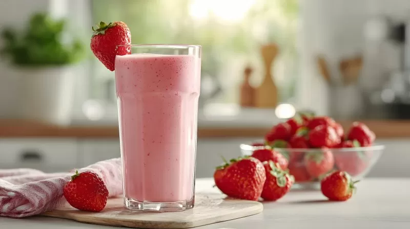 Erdbeersmoothie mit Erdbeeren auf Holzbrett