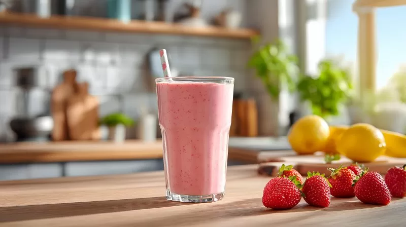 Erdbeersmoothie mit Zitrone in heller Küche