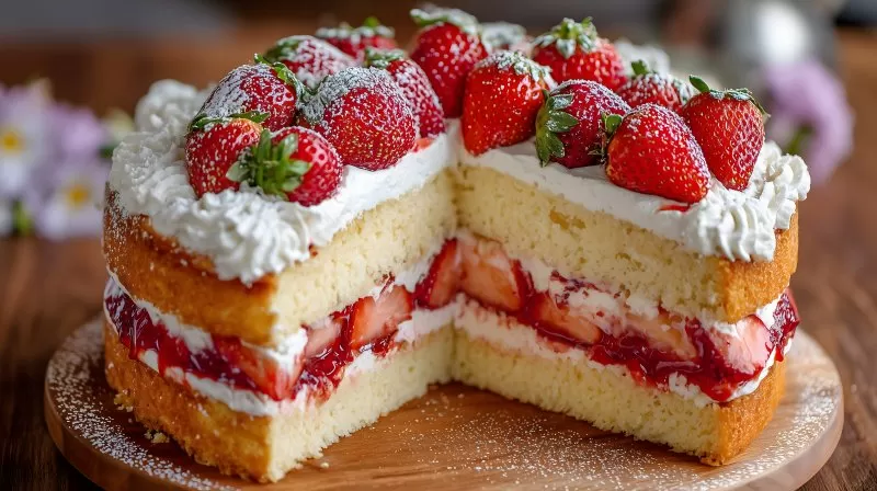 Erdbeertorte mit Sahne und Marmelade auf Holztisch