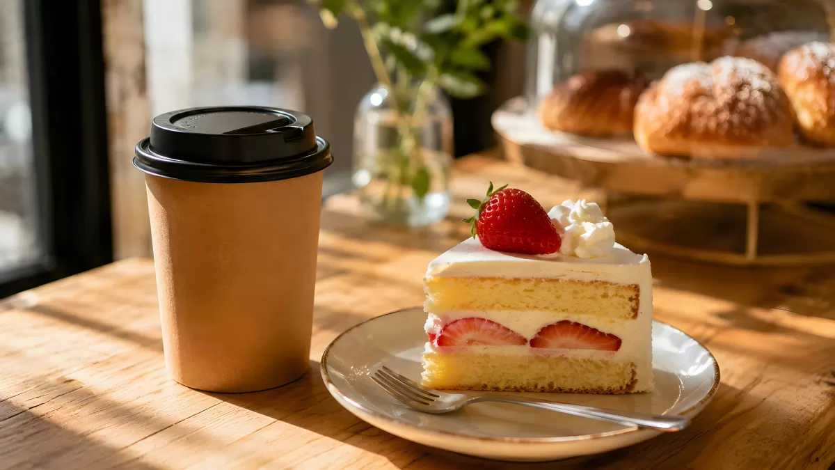 Erdbeertorte und Kaffeebecher im Café-Ambiente