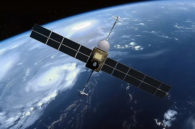 Erdbeobachtungssatellit im Erdorbit mit Blick auf den Planeten