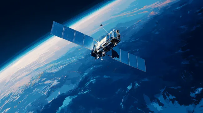 Erdbeobachtungssatellit im Weltraum über blau-grüner Erde