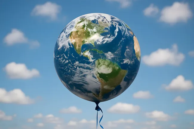 Erde als Ballon vor Wolkenhimmel