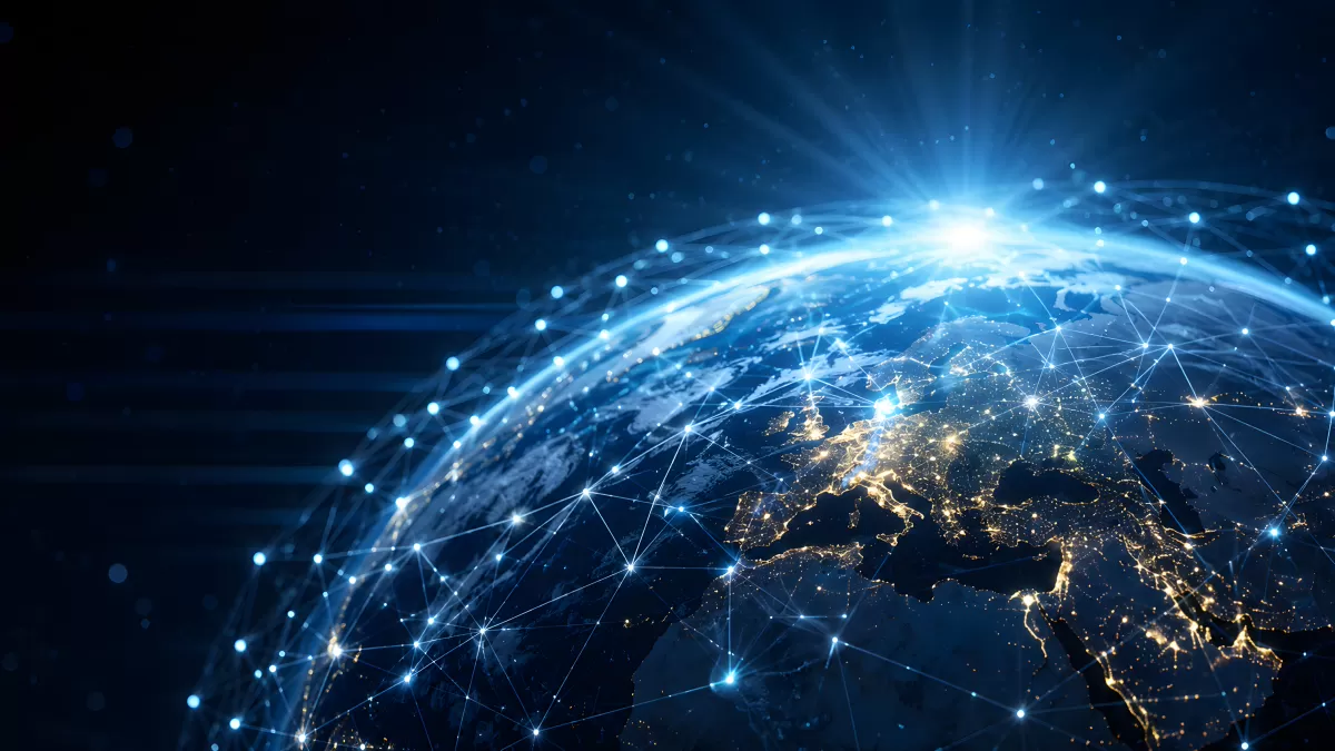 Erde aus dem All mit digitalem Netzwerk bei Nacht