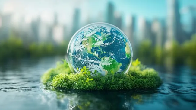 Erde in Glasblase auf Moospolster vor Stadtsilhouette