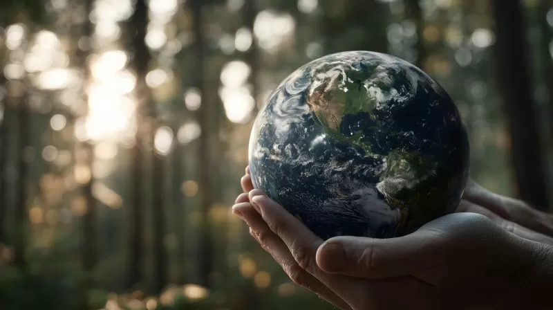 Erde in Händen vor Wald im Sonnenlicht