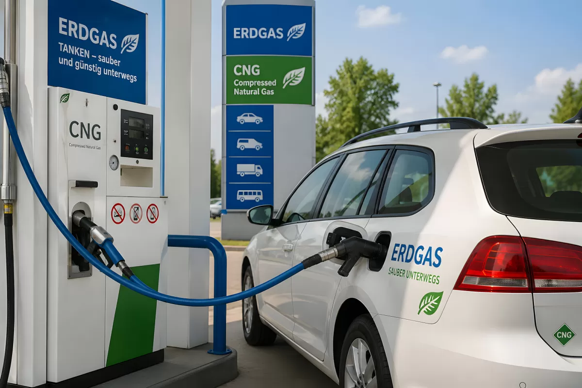 Erdgas-Fahrzeug wird an CNG-Tankstelle betankt