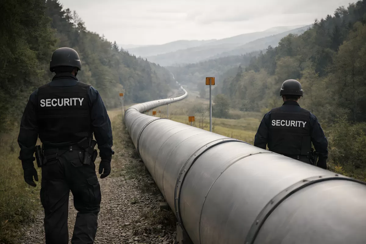Erdgas-Pipeline mit Sicherheitspersonal in bewaldeter Landschaft