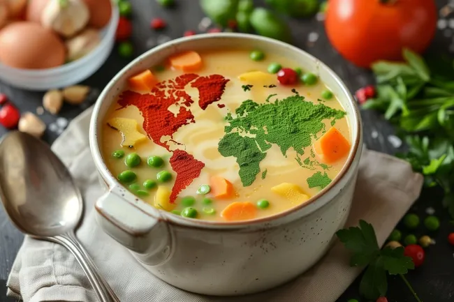 Erdkarte aus frischen Gemüsestücken in Suppenteller